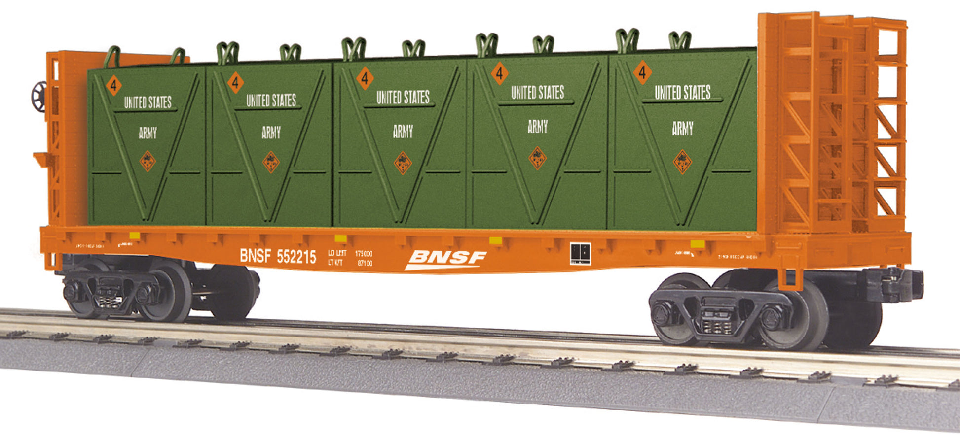 MTH 30-76604 O Burlington Northern & Santa Fe Flat Car with Bulkheads & LCL