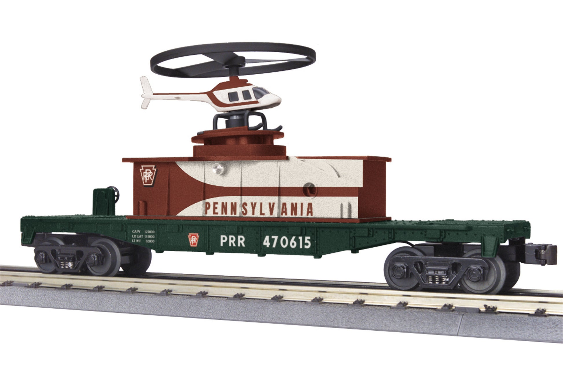 MTH 30-79455 O Pennsylvania Flat Car with Operating Helicopter Car No. 470615