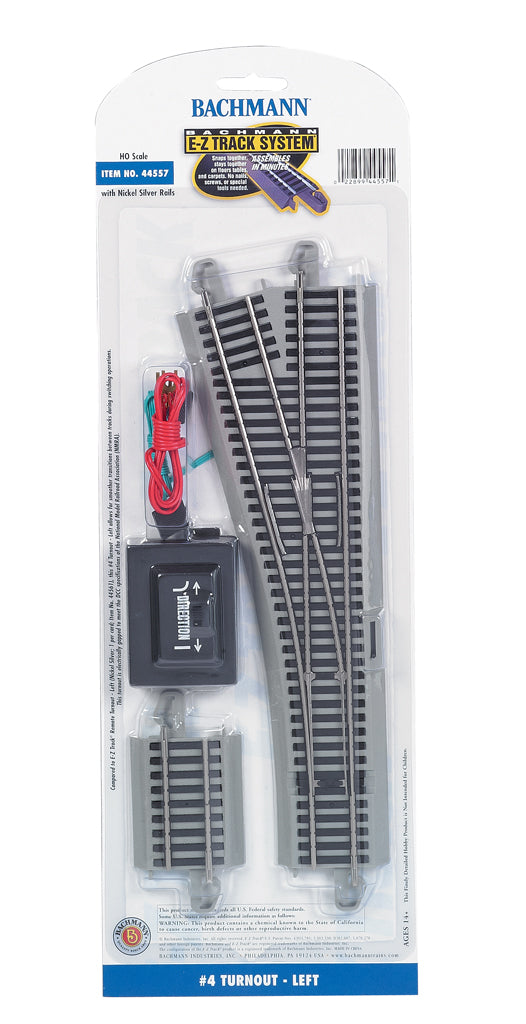 Bachmann 44557 HO Nickel Silver #4 E-Z Track Left-Hand Remote Switch Turnout