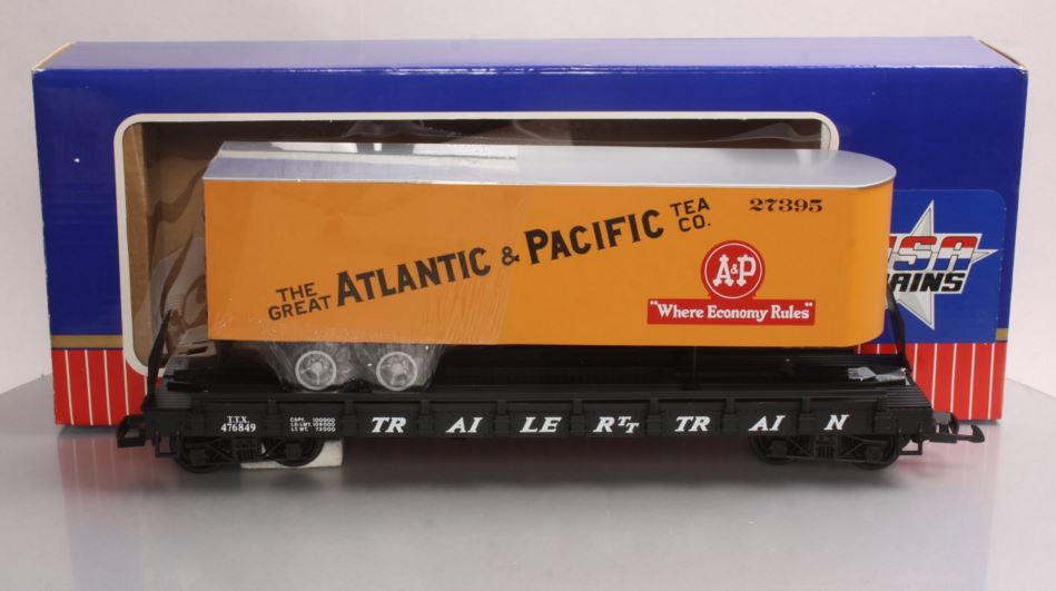 USA Trains 1760 G Atlantic & Pacific Flat Car with Piggyback Trailer