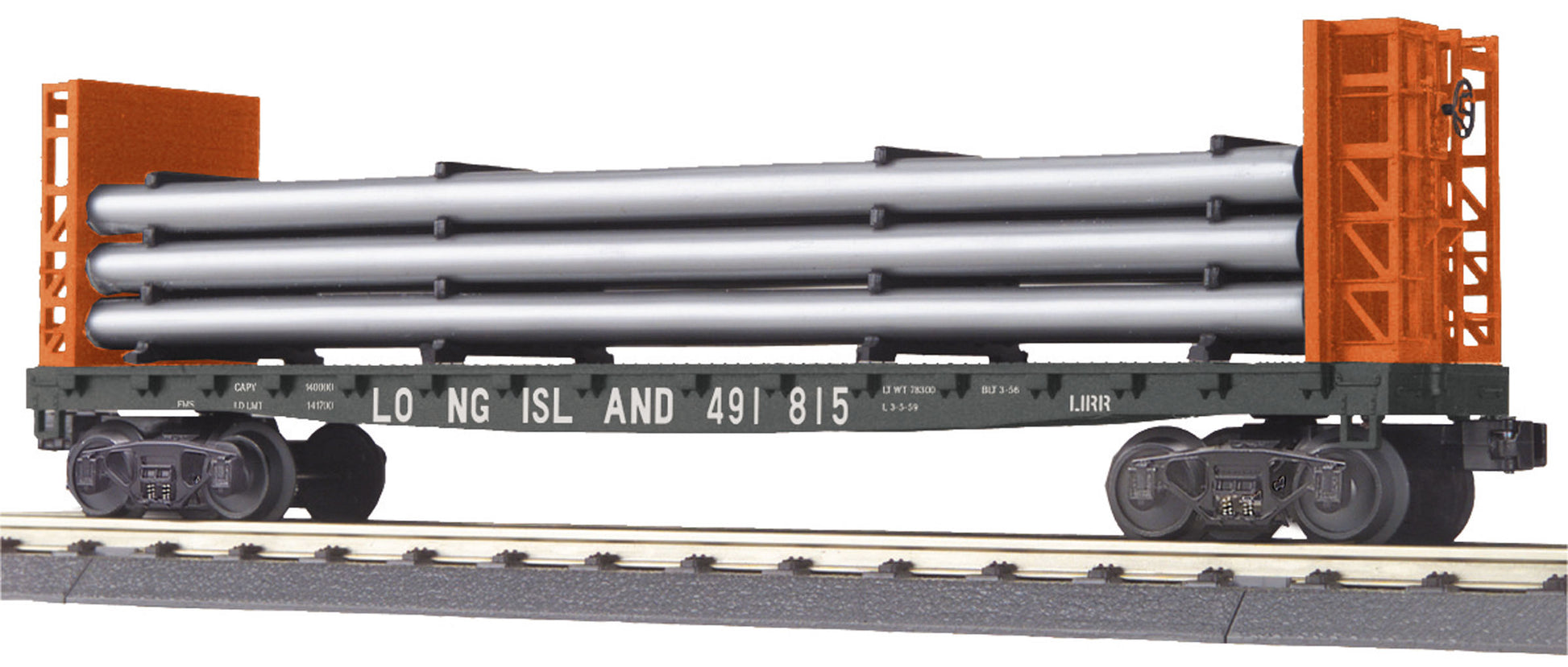 MTH 30-76588 O Long Island Bulkhead Flatcar with Pipe Load #491815