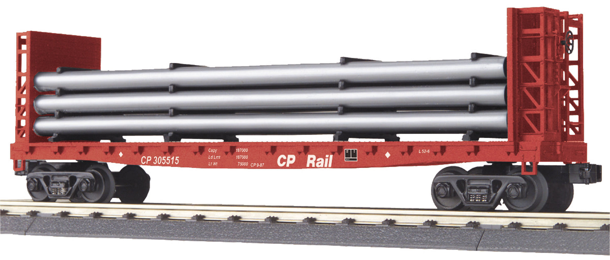MTH 30-76589 O Canadian Pacific Bulkhead Flatcar w/ Pipe Load 3-Rail #305515