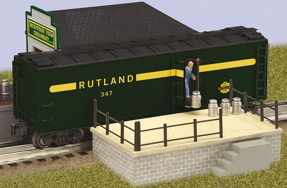 Lionel 6-21623 O Rutland Operating Milk Car w/ Unloading Platform & 6 Milk Cans