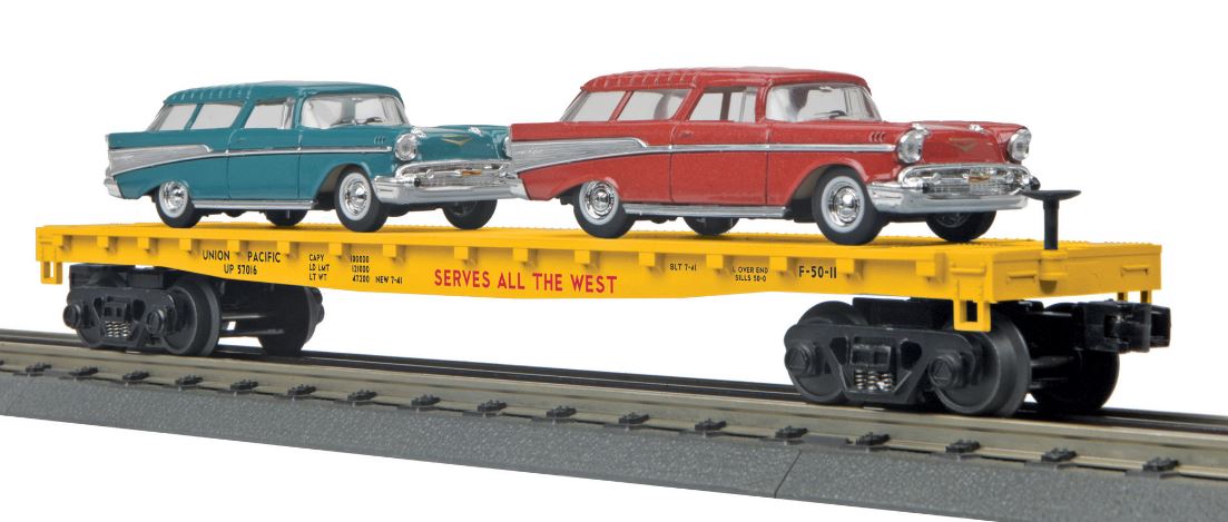 MTH 30-76639 O Union Pacific Flatcar with 2 '57 Chevy Nomad