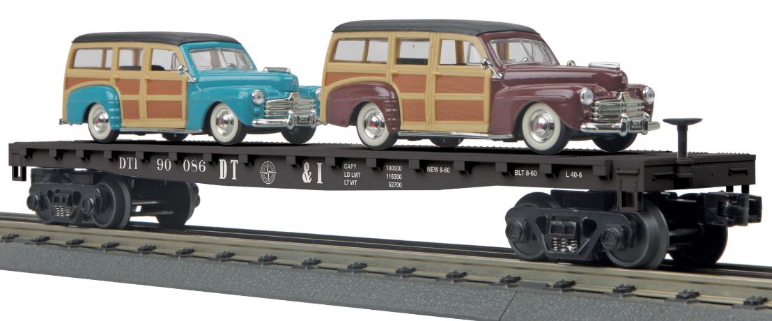MTH 30-76641 O Detroit Toledo & Ironton Flatcar #90086 with 2 '48 Ford Woody