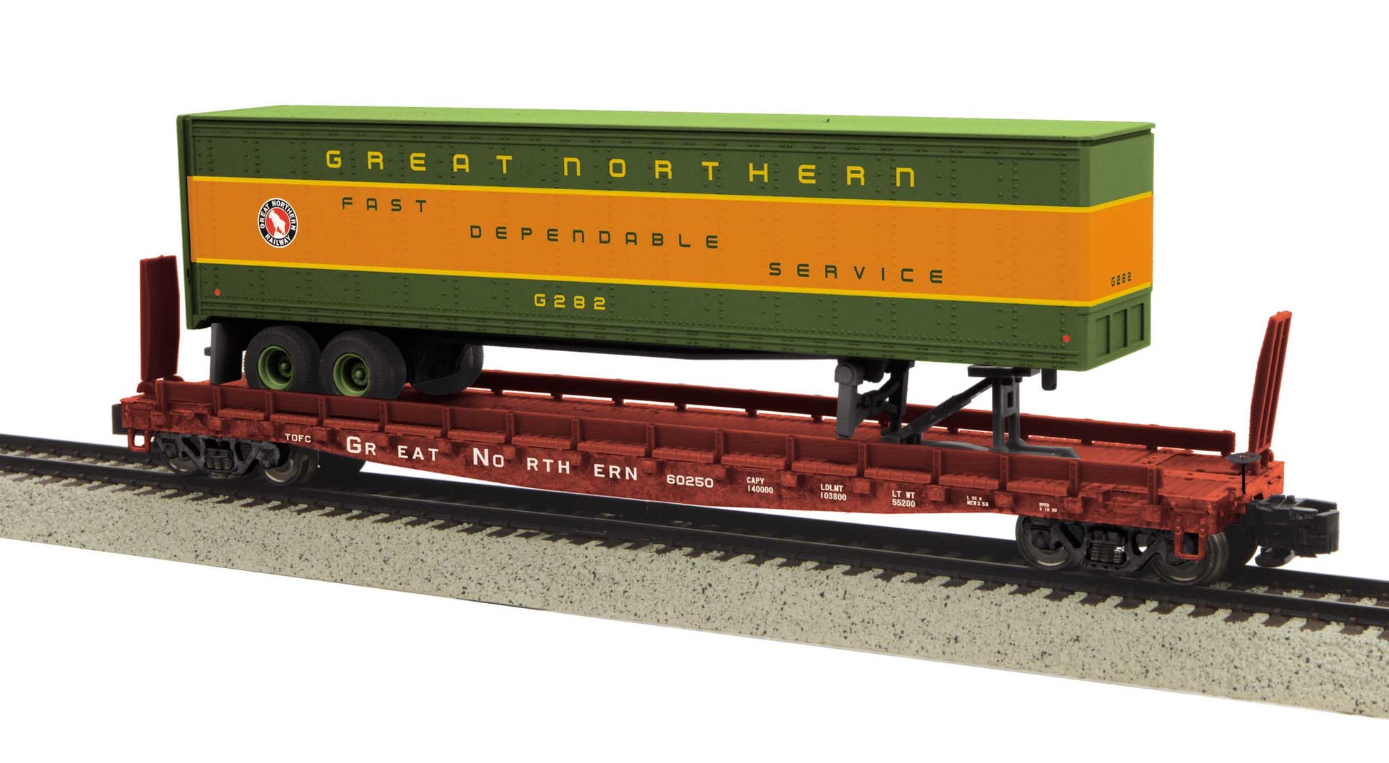 MTH 35-76021 S Great Northern Flat Car w/48’ Trailer (Smth w/Scale Whls) #60252