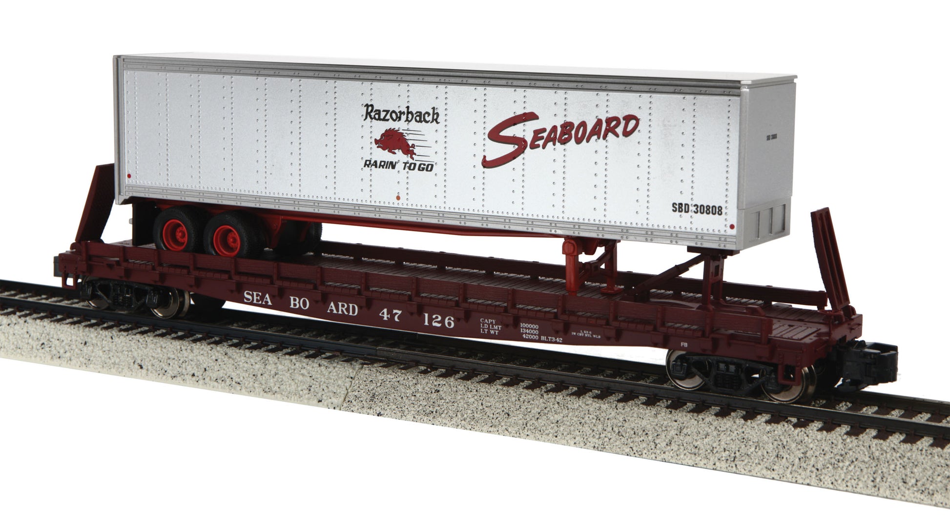 MTH 35-76017 S-Scale Seaboard System (SBD) Flatcar w/48’ Trailer (Smooth) #47126