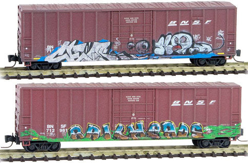 MicroTrains 51144191 Z BNSF 50' Rib Side Box Cars Weathered & Graffiti (2)