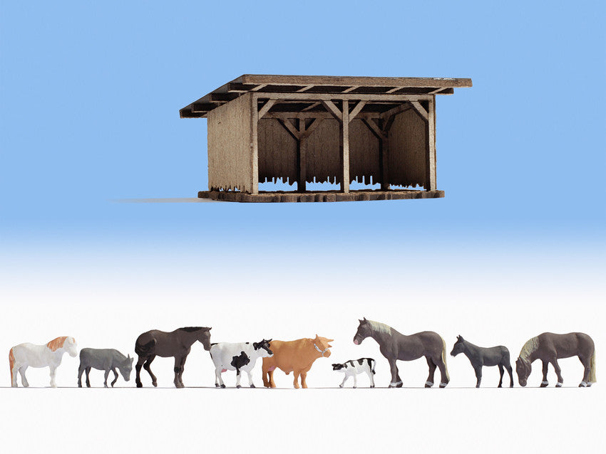 Noch 12042 HO Cattle Shelter (Open-Side Shelter) with Cows & Horses (Set of 9)