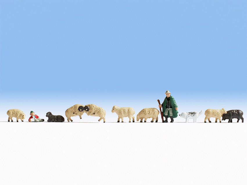 Noch 15750 HO Shepherd /Dog & Sheep Figures (Set of 11)