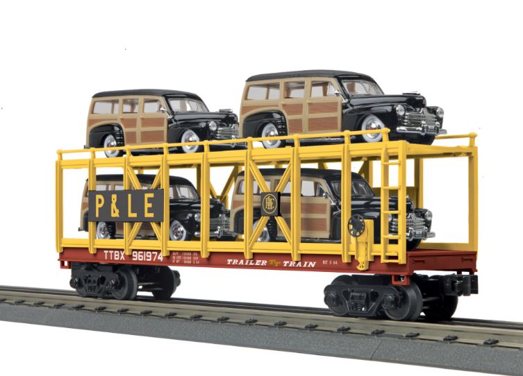 MTH 30-76644 O Pittsburgh & Lake Erie Auto Carrier Flat Car w/ 4 '48 Ford Woody