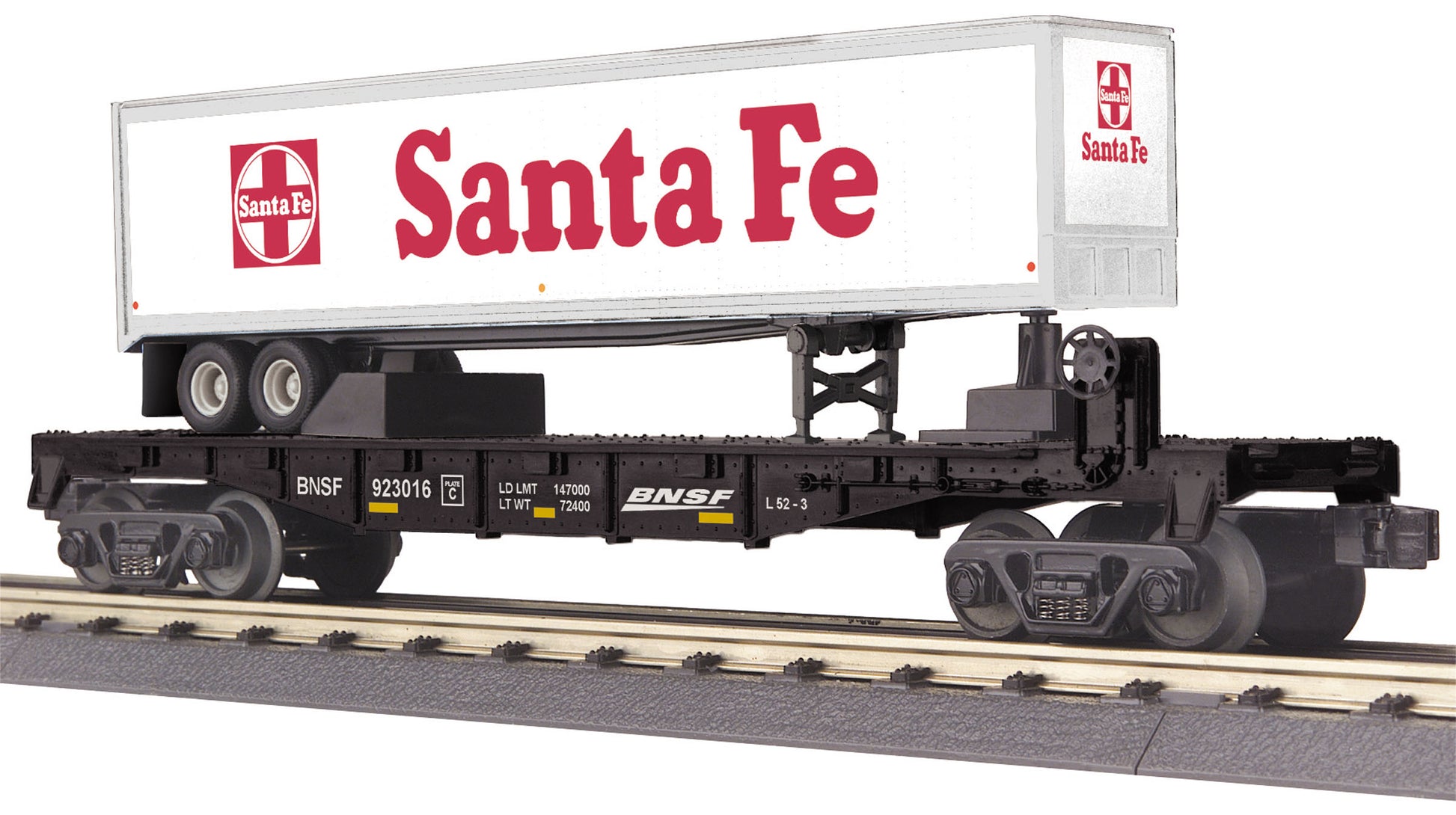 MTH 30-76657 O Gauge BNSF RailKing Flatcar with 40' Trailer