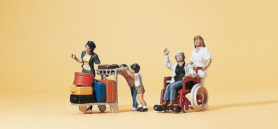 Preiser 10465 HO Travelers Figures w/Pushing Cart & Wheelchair (Set of 5)