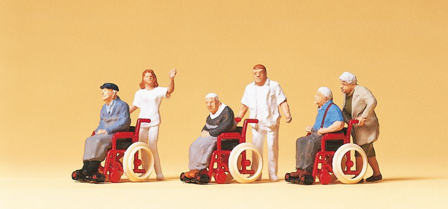Preiser 10479 HO Elderly Being Pushed in Wheelchair Figures (Set of 6)