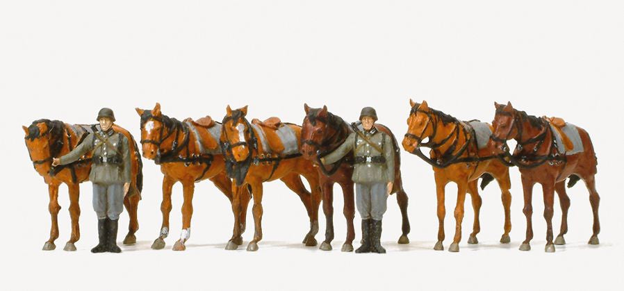 Preiser 16597 HO Standing Draught Horses & Soldiers Figure Kit (Set of 8)