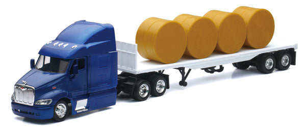 New-Ray 15433 1:43 Peterbilt with Flatbed Trailer Hauling Round Hay Bales
