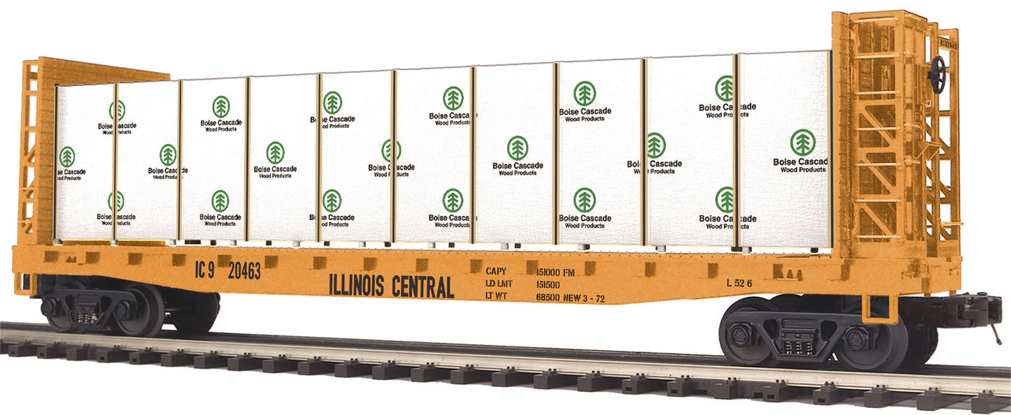 MTH 20-95201 O Illinois Central Premier Flat Car w/ Bulkheads w/ Cvd Wood Load