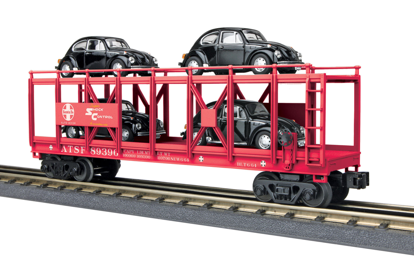 MTH 30-76680 O Santa Fe Auto Carrier Flat Car with 4 VW Beetles