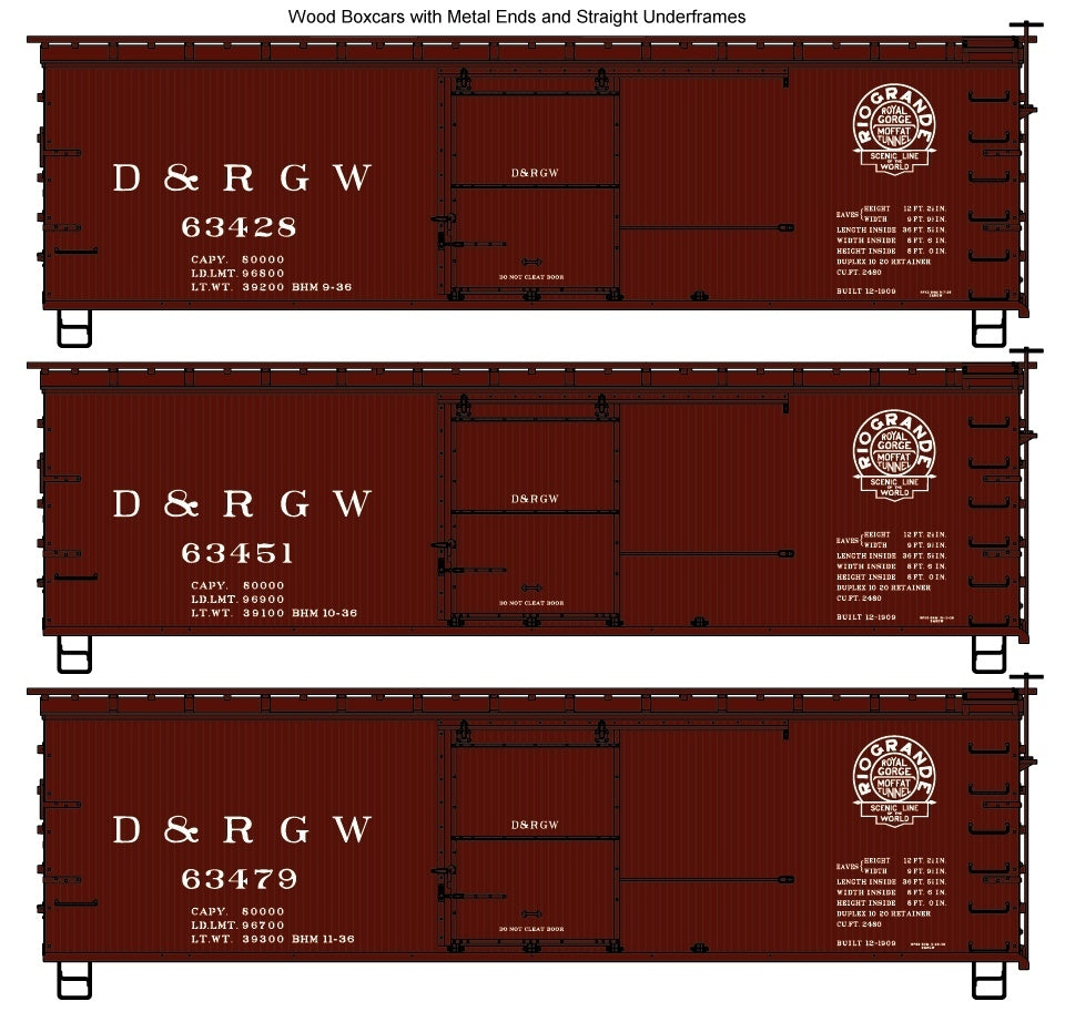 Accurail 8092 HO Denver & Rio Grande Western 36' Wood Boxcar #63428/63451/63479