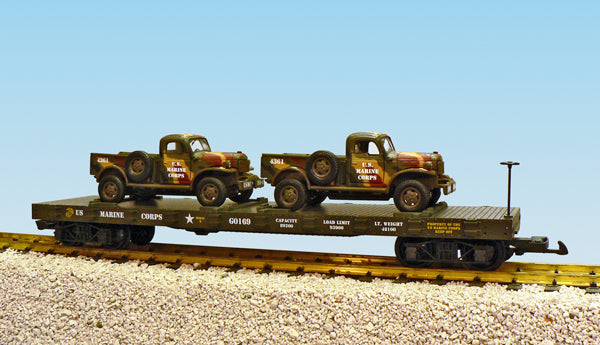 USA Trains R1765A G US Marine Corp Flat Car W 2 Dodge Power Wagons