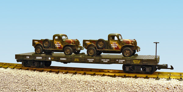 USA Trains R1784 G US Army Flatcar with 2 Dodge Power Wagons #G5061