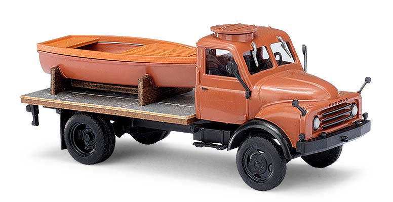 Busch 50813 HO 1958 Hanomag AL 28 MKW Flatbed Truck with Boat Load Brown, Black