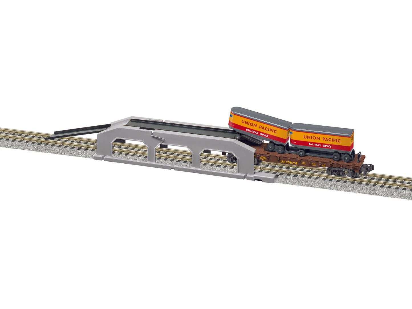 American Flyer 6-47983 S Piggyback Unloader with Union Pacific Flatcar & Trailer