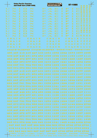 Microscale 87-1085 HO UP Chair Cars & Coaches Gold Leaf Lettering Decal Sheet