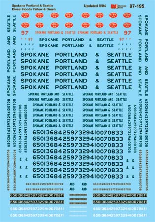 Microscale 87-195 HO Spokane Portland & Seattle Hood Unit Diesel Decal Sheet