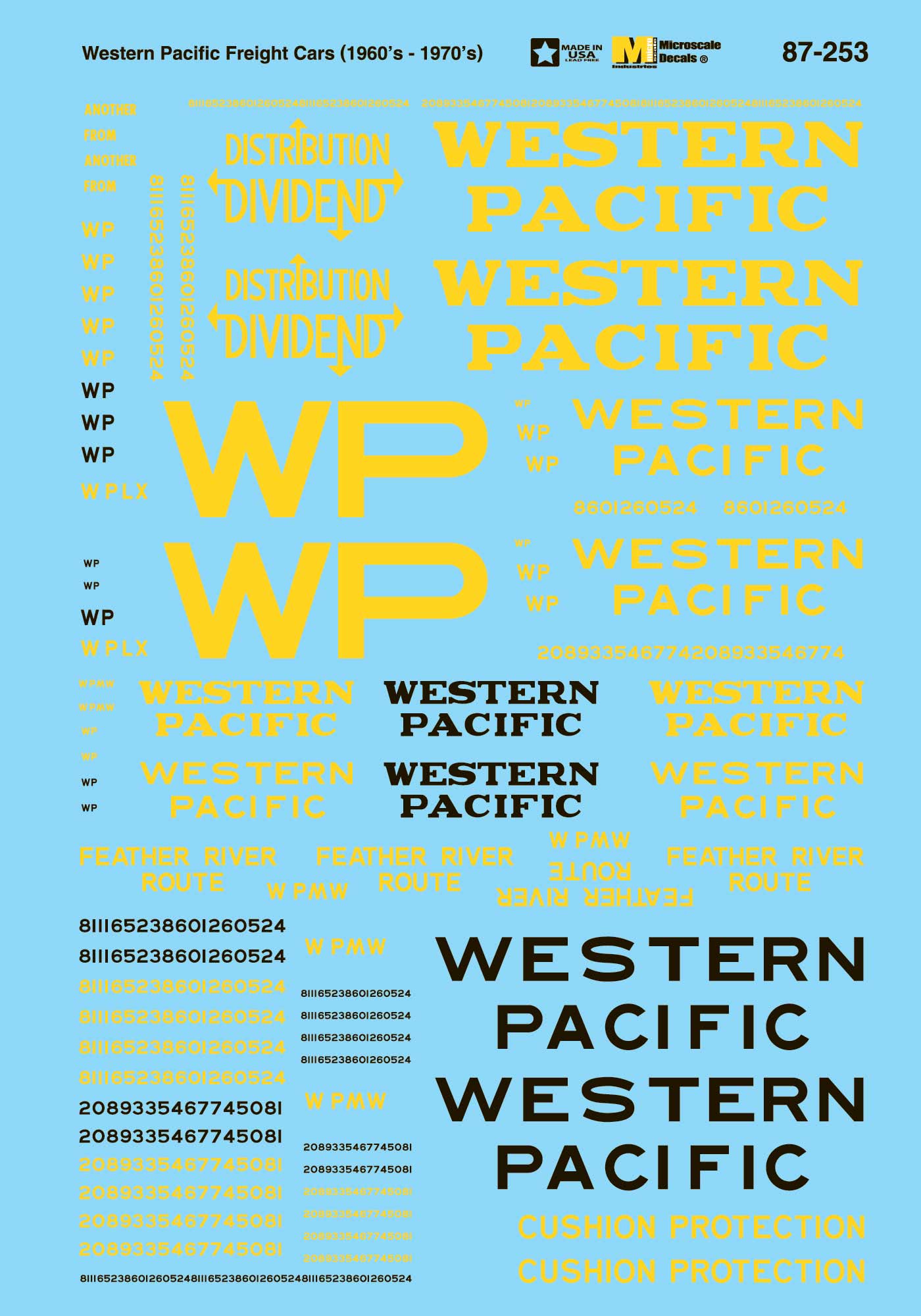 Microscale 60-253 N Western Pacific Freight Car Yellow Lettering Decal Sheet