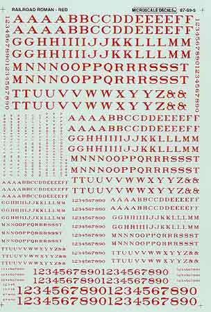 Microscale 90005 HO Red Roman Railroad Alphabet & Numbers Decal Sheet