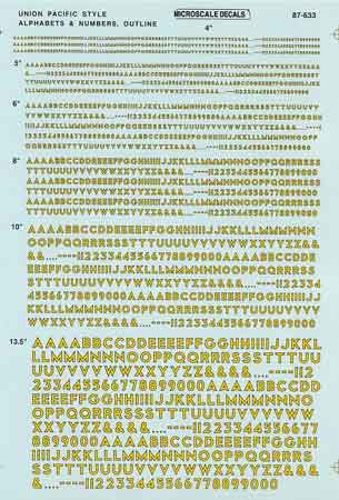 Microscale 90176 HO Yellow Union Pacific Style Letters & Numbers Decal Sheet