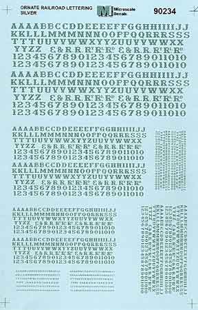 Microscale 90234 HO Ornate Silver Railroad Letters and Numbers Decal Sheet