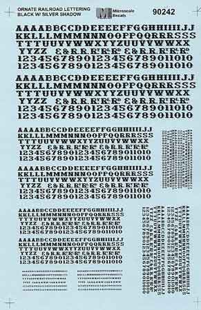 Microscale 90242 HO Ornate Black w/Silver Shadow Railroad Lettering Decal Sheet