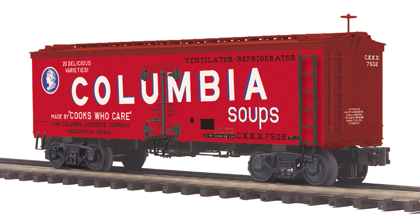 MTH 20-94413 O Columbia Soups 36' Woodsided Reefer Car #7502, #7501