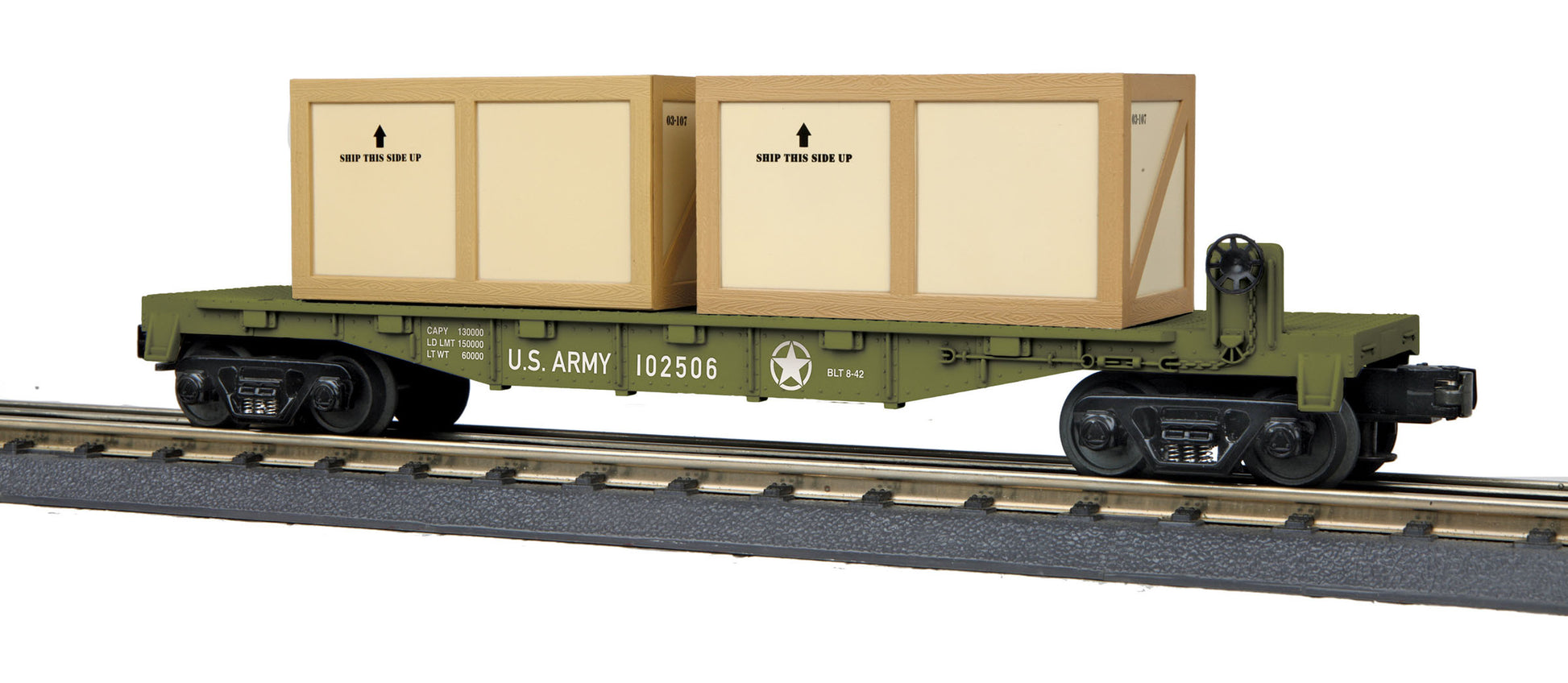MTH 30-76703 O U.S. Army Flat Car with 2 Crates #102506