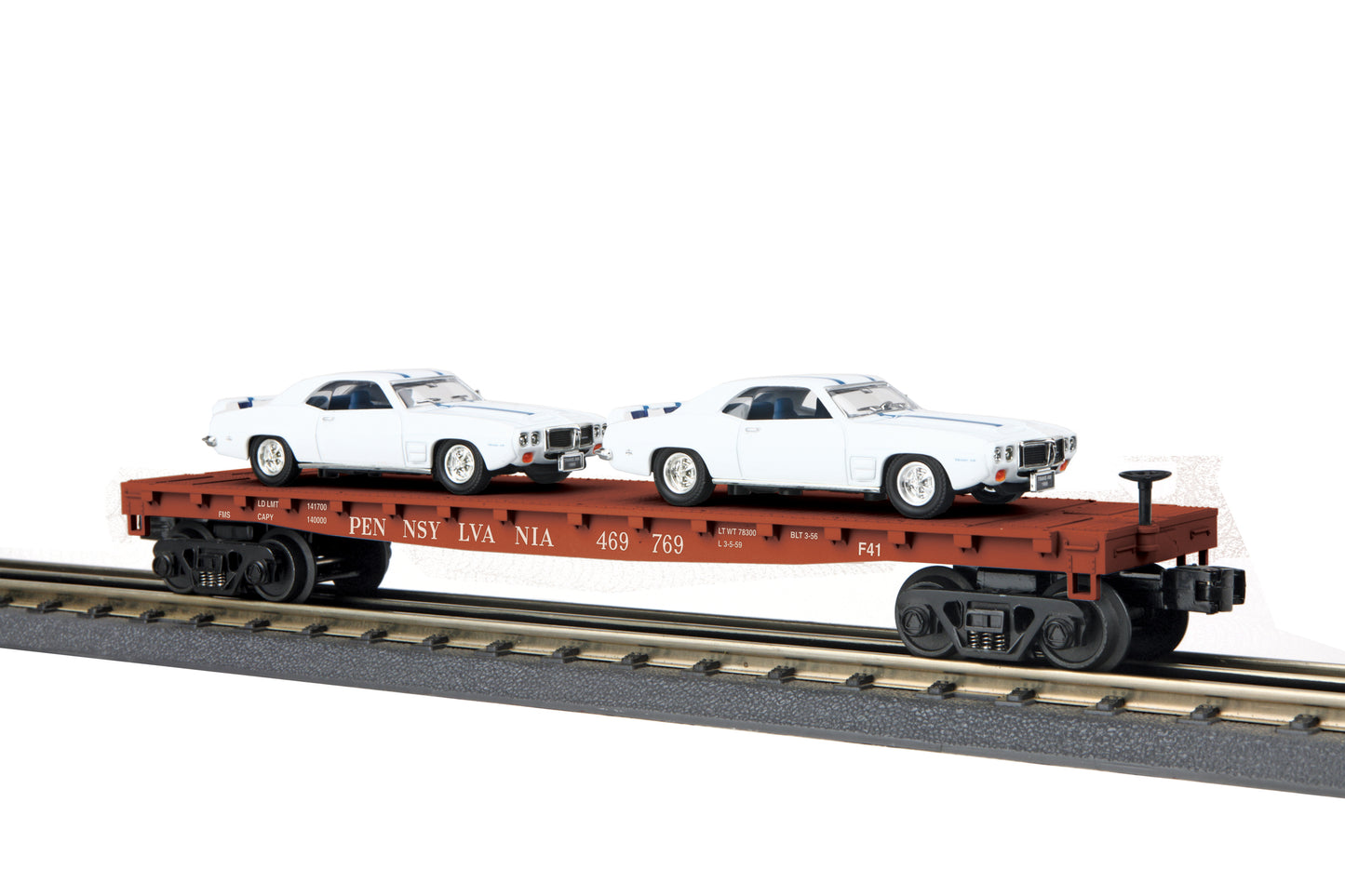 MTH 30-76724 O Pennsylvania Flat Car with 2 '69 Pontiac Firebird (White) #469769