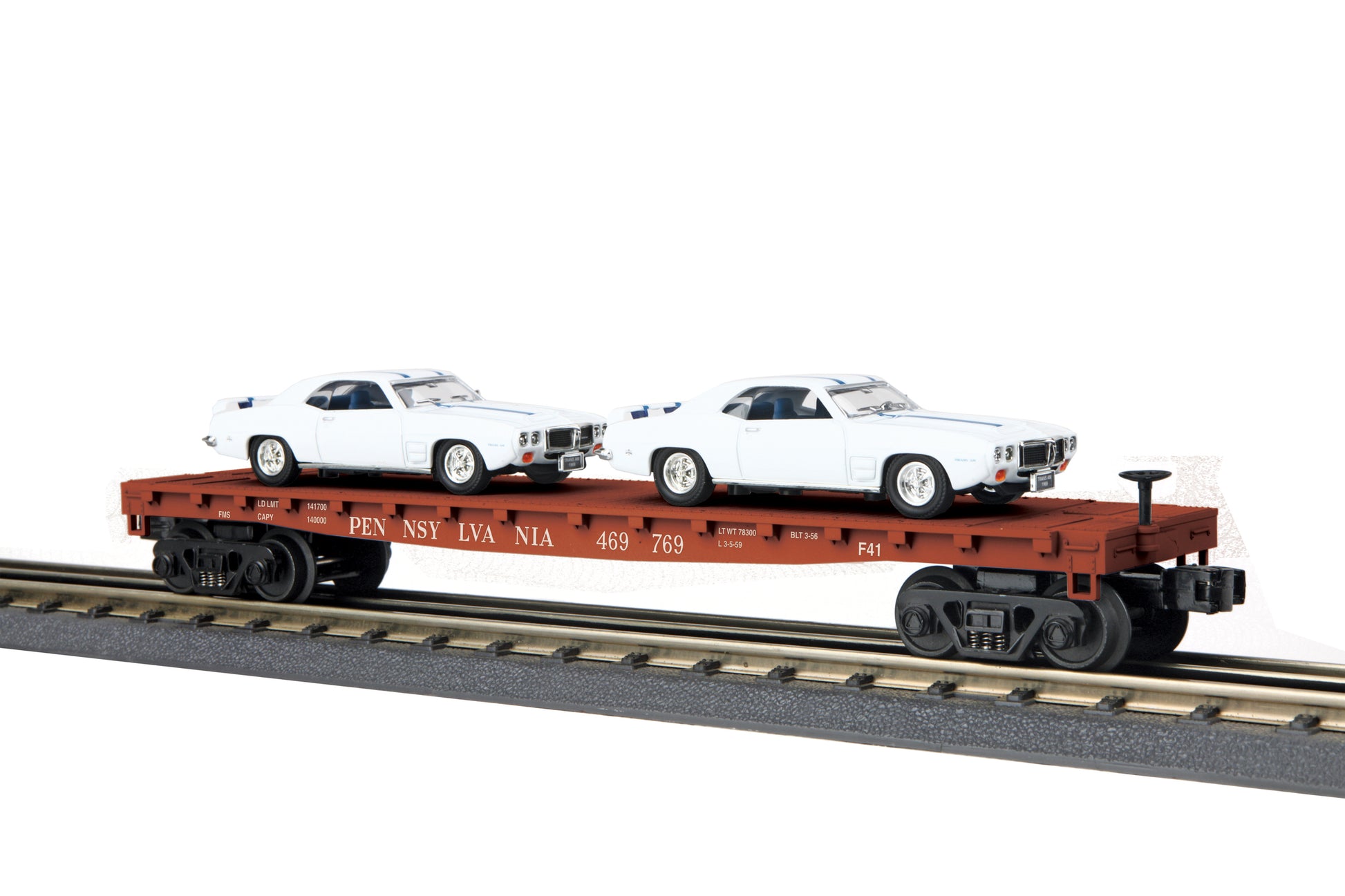 MTH 30-76724 O Pennsylvania Flat Car with 2 '69 Pontiac Firebird (White) #469769