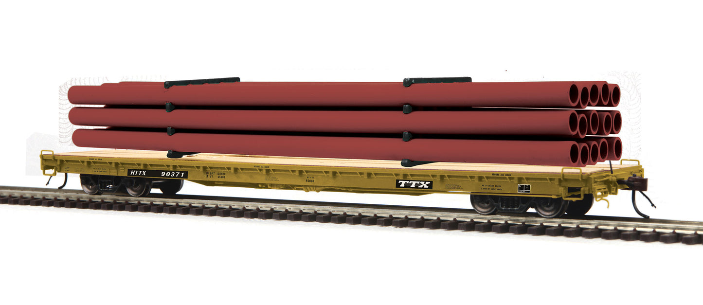 MTH 80-98047 HO TTX 60' Wood Deck Flat Car w/ Pipe Load Maroon Pipes #HTTX 90280
