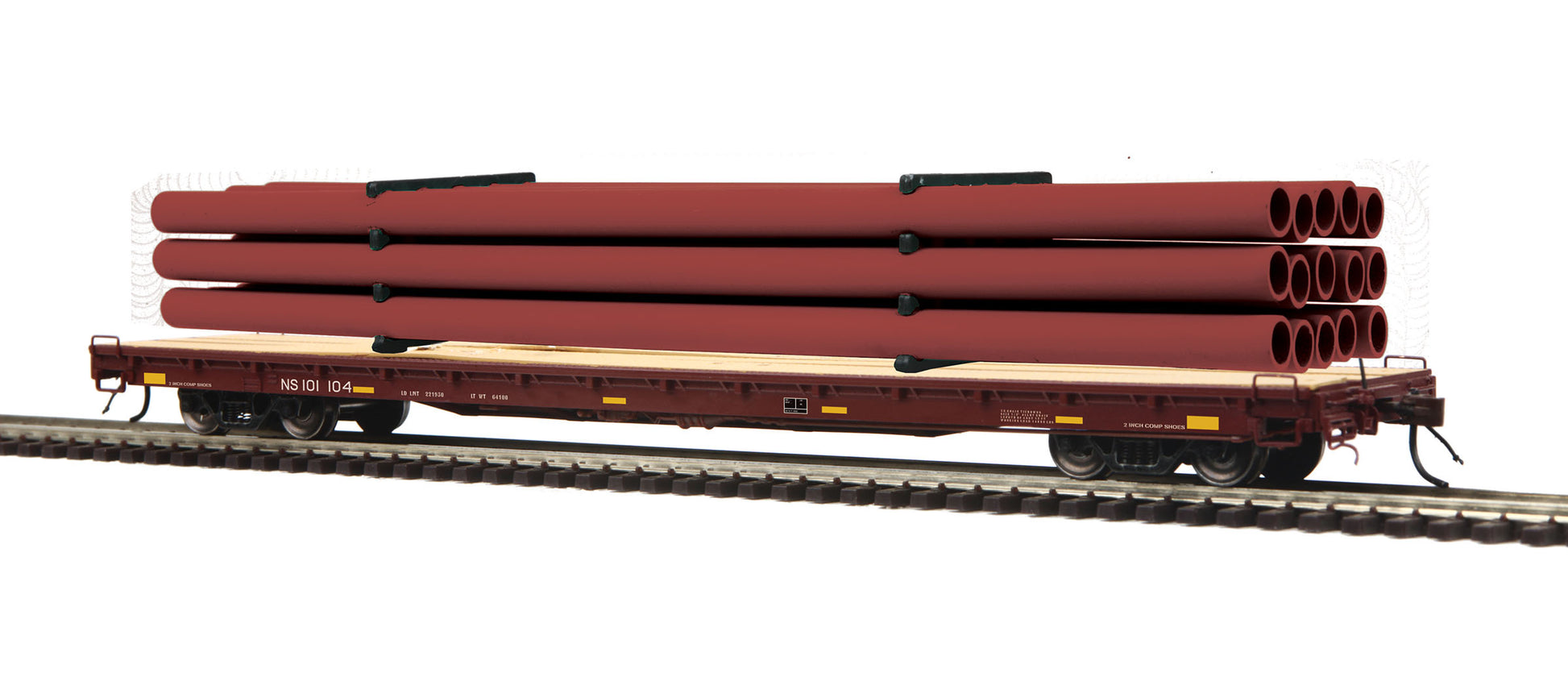 MTH 80-98051 HO Norfolk Southern 60' Wood Flat Car w/ Pipe Load Maroon#101170