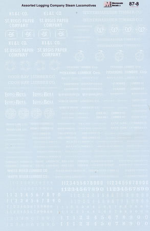 Microscale 87-8 HO Assorted Logging Company Steam Locomotives Decal Sheet