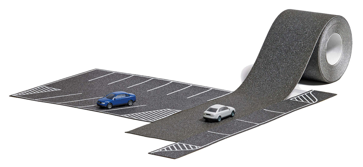 Busch 9789 N 16-Stall Asphalt Parking Lot with Roadway and 2 Audi Cars