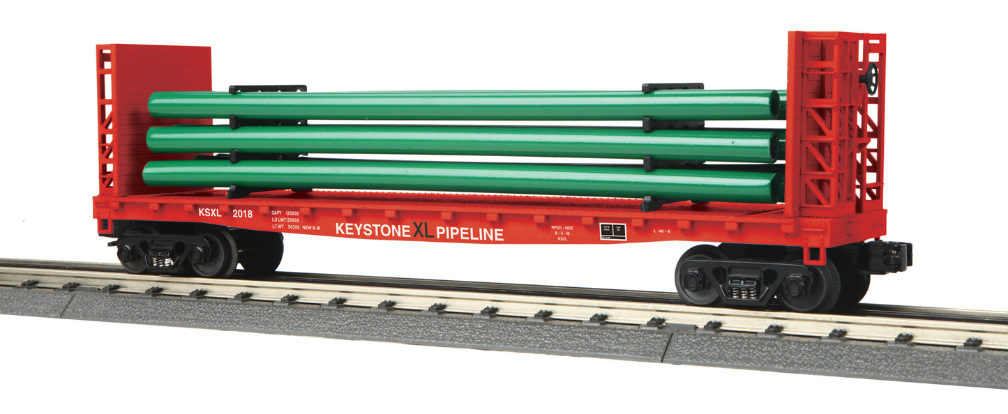 MTH 30-76712 O Keystone XL Pipeline Flat Car with Bulkheads and Pipe Load #2018