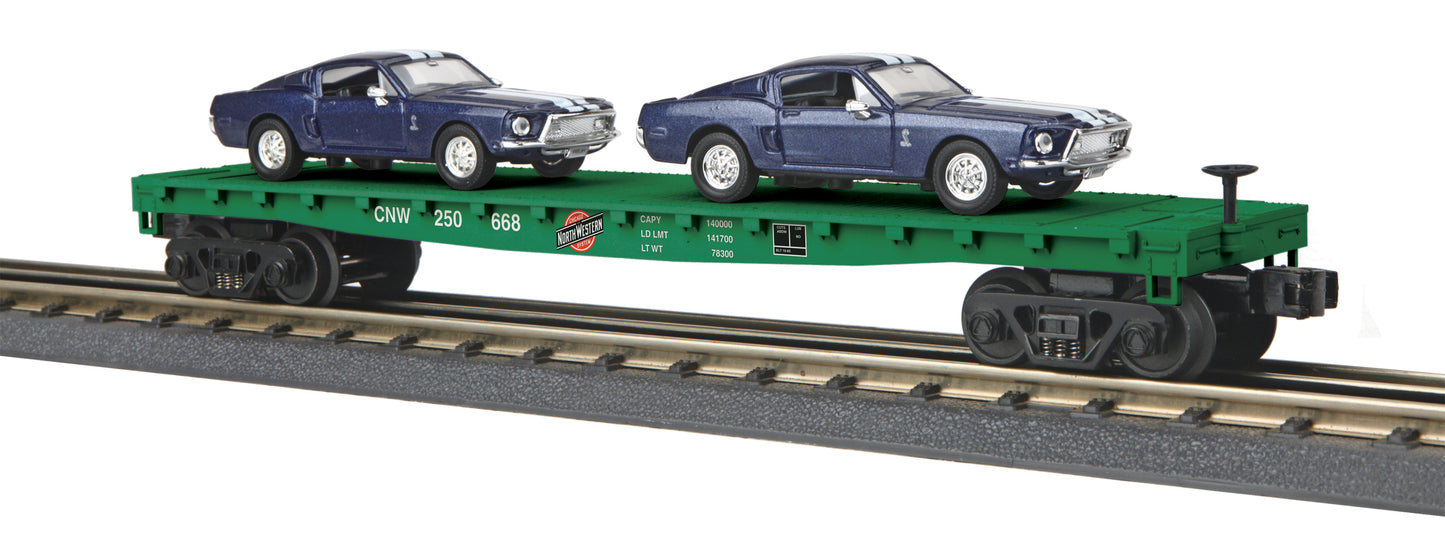 MTH 30-76725 O Chicago North Western Flat Car #250668 w 2 '68 Shelby Mustangs