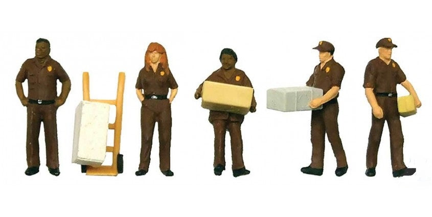 Walthers 949-6043 HO UPS Delivery Personnel With Handcart Figures (Set of 5)