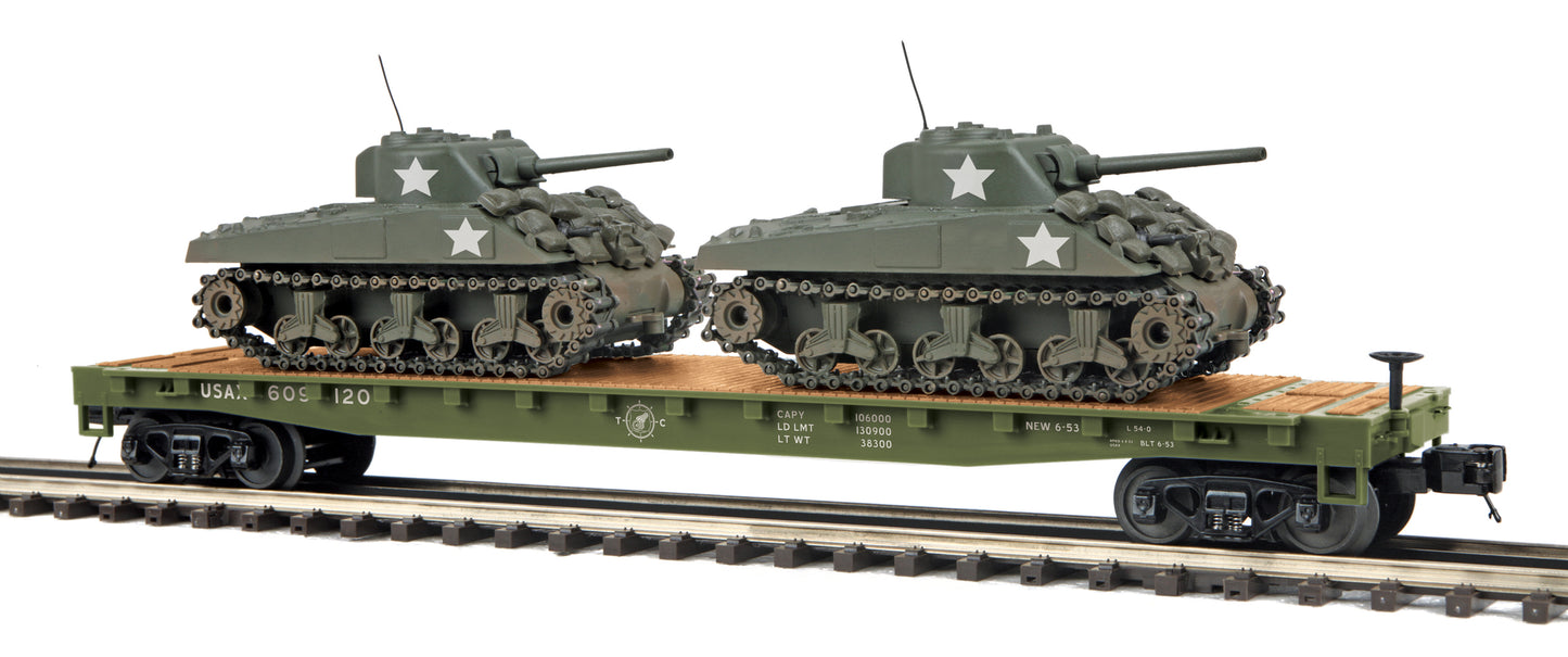 MTH 20-95301 O U.S. Army Premier Flat Car with (2) Sherman Tanks #609120