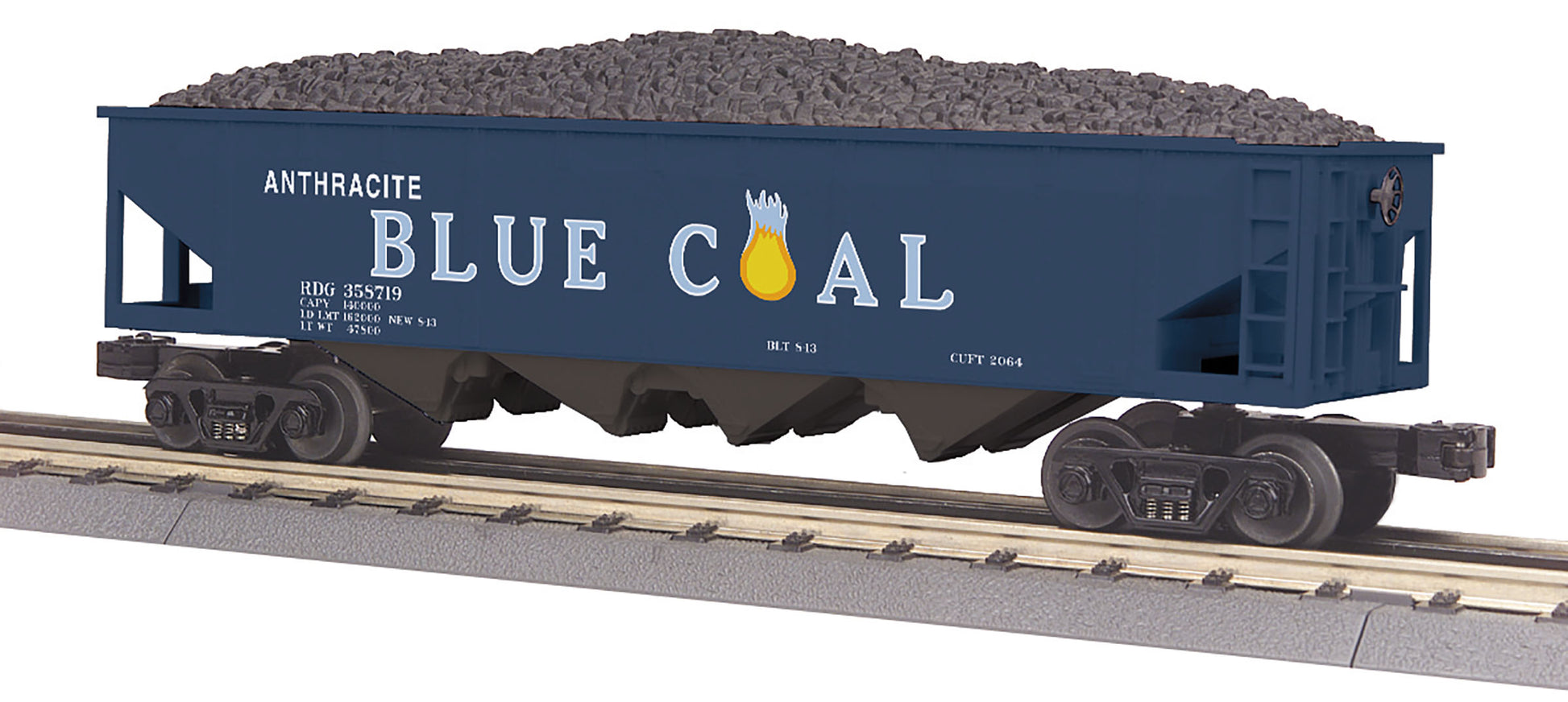 MTH 30-75628 O Anthracite Blue Coal 4-Bay Hopper Car w/Coal Load #358719