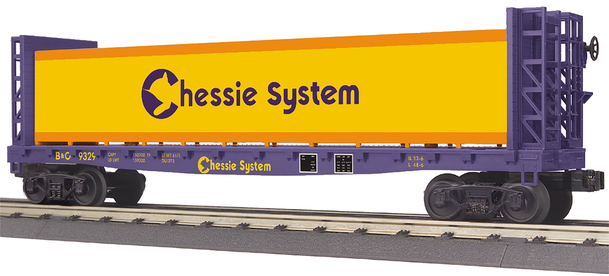 MTH 30-76754 O Chessie Flat Car with Bulkheads & Lumber Load #9329