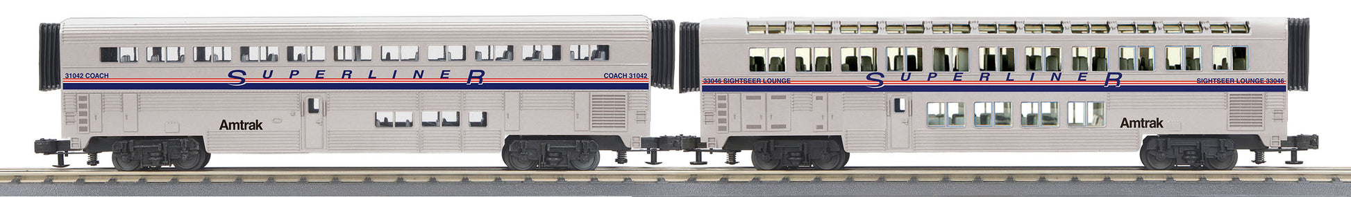 MTH 30-6539 O Amtrak Phase IV O-31 SuperLiner Coach/Lounge Set (Set of 2)