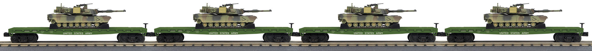 MTH 30-7098 O U.S. Army Flat Car with M1A Abrams Tank Set (Set of 4)